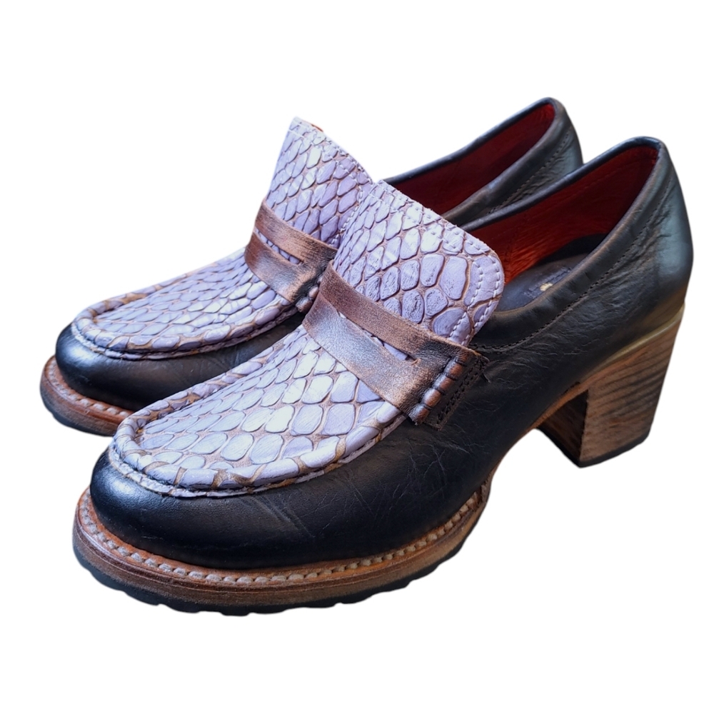 Free Bird Bristol Leather Blue Snake Pattern Chunky Loafer Heels Women's Size 8